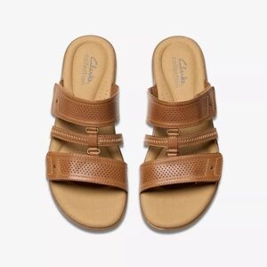 Clarks | Elizabelle Ave Tan Brown Leather Adjustable Slide Sandals Size 5